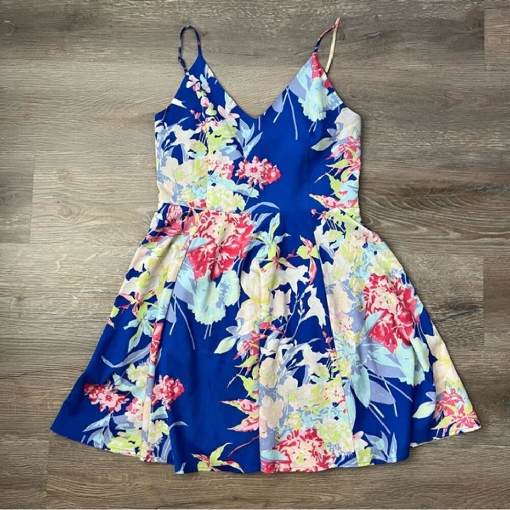 YUMI KIM Blue Floral A Line Spaghetti Strap Mini Dress Size Large